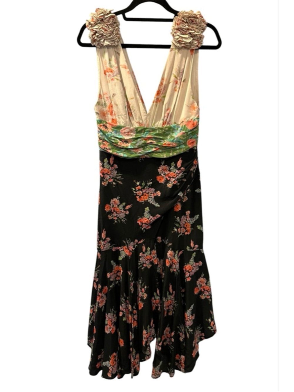 AMUR Lolly Floral Silk Midi Dress Black White Green V-Neck Pleated Size 6